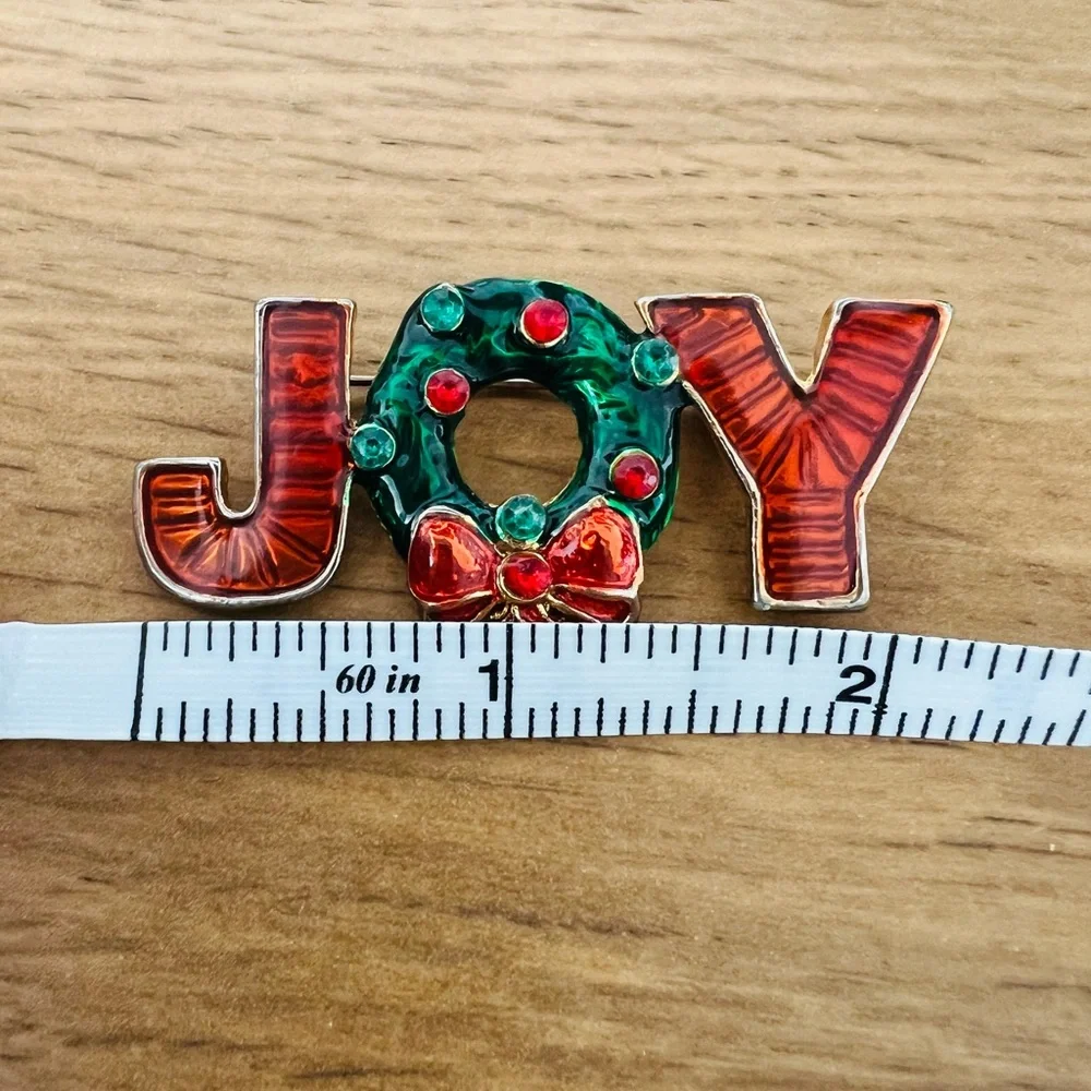 Vintage Festive JOY Brooch‎ with Wreath and Bow
